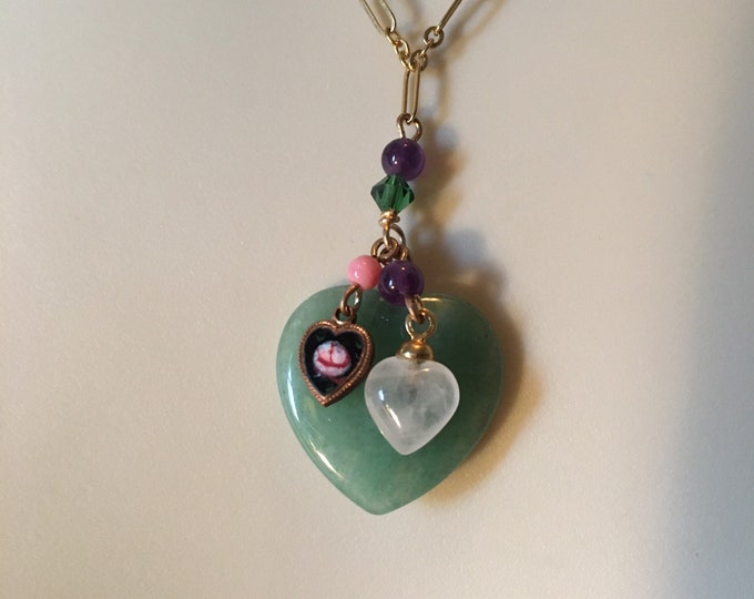Heart Necklace, Vintage Aventurine Necklace, 14k Gold Filled Necklace, Vintage Enamel Heart Necklace, Vintage Heart Necklace