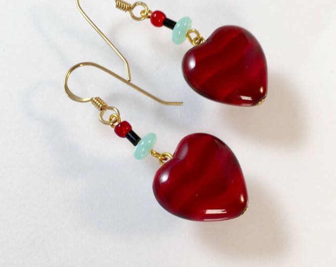 Vintage Red Heart Earrings, Vintage Ruby Red Heart Earrings, Red Heart Earrings, Red Satin Glass Heart Earrings, Lucy Isaacs