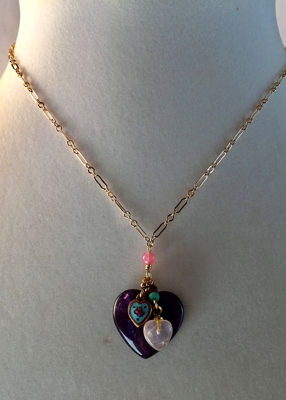 Amethyst Heart Necklace, Purple Heart, Vintage Am… - image 3