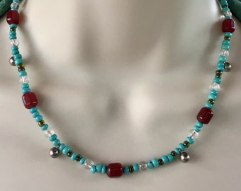 SALE! Retro Turquoise Choker, Unisex Gemstone Choker, Turquoise, Carnelian and Sterling Silver Choker.