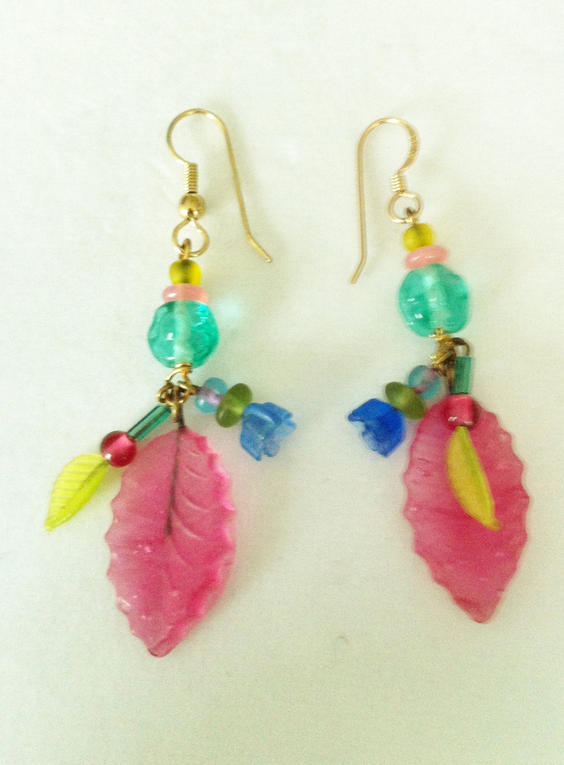 Vintage Czech Glass, Glass Flower and Leaf Earrings Earrings Blue Glass