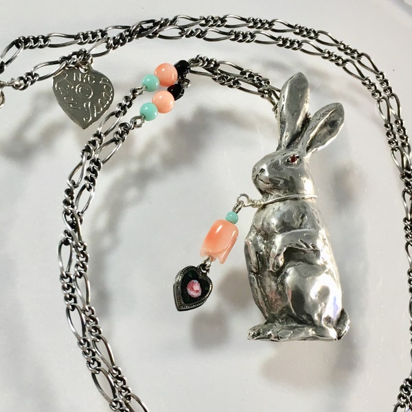 Rabbit Pendant, Bunny Lover Gift, Rabbit Gift, Vintage Sterling Bunny Necklace, Ultimate Easter Gift for Her, Semiprecious Gem Accents