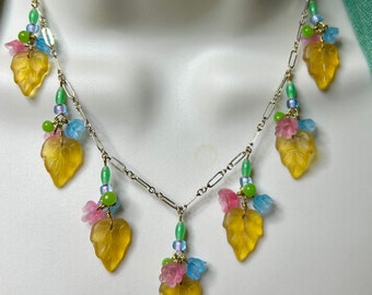 Vintage Czech Glass Necklace, Glass Flower Necklace, Vintage Yellow Leaf Pressed Glass Necklace,  Lampwork Necklace, Lucy Isaacs