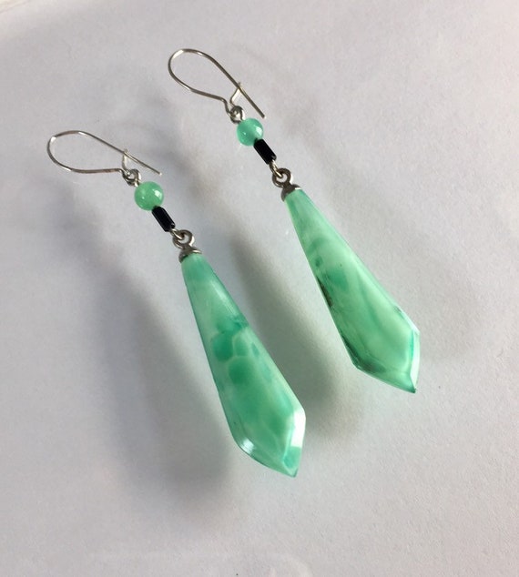 Vintage Czech Glass Earrings,Pressed Glass Green E