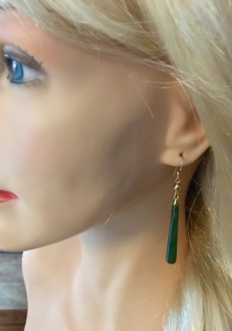 Genuine Jade Earrings, Long Jade Earrings, Elegant Jade and Gold Smooth