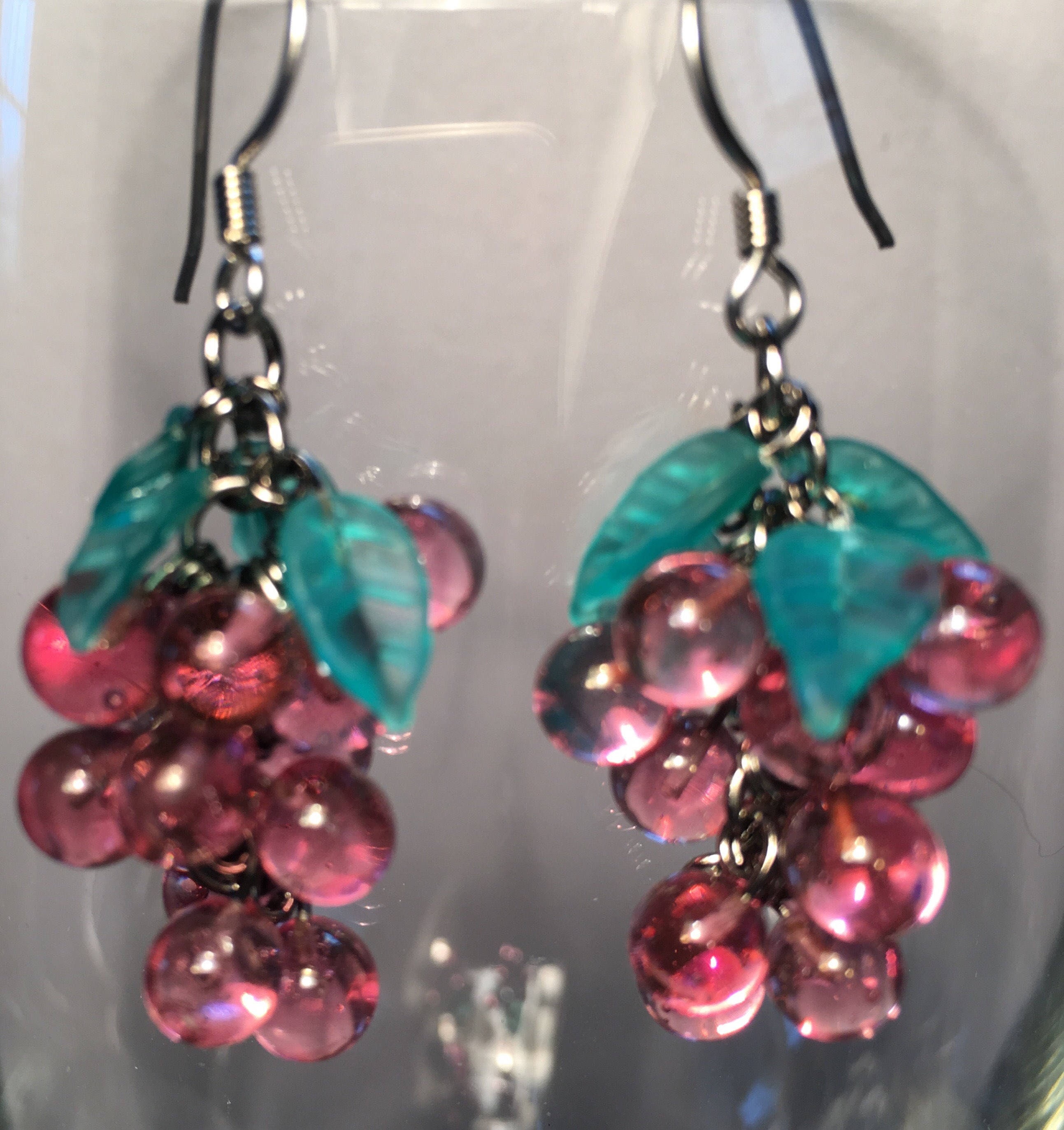 Grape Earrings,Wine Lover Gift,Grape Cluster Earrings, Antique Glass