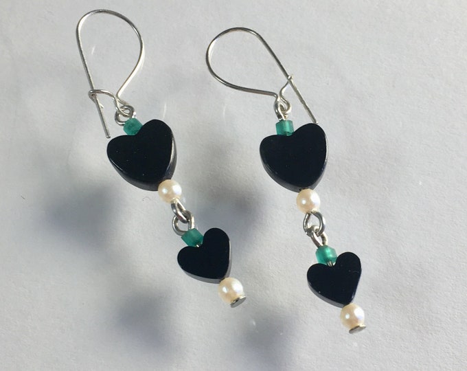 Black Onyx Heart and Pearl Earrings