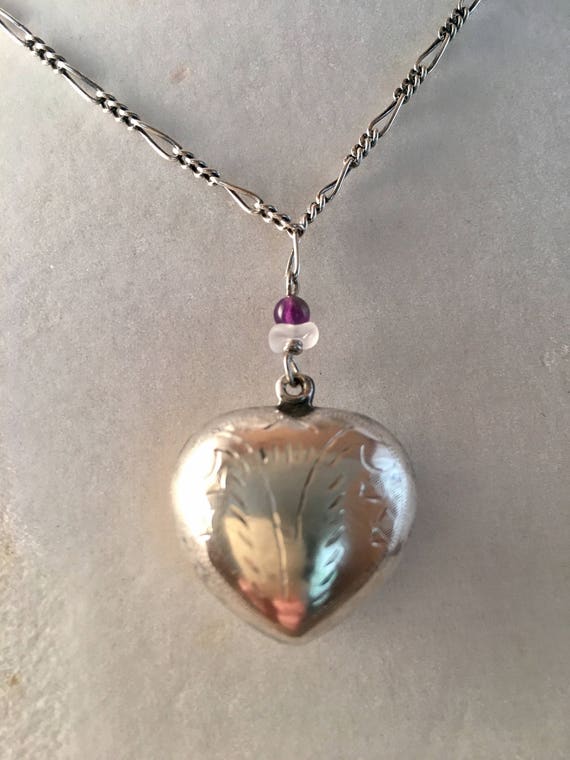 Puffy Heart Necklace, Vintage Sterling Silver Engr