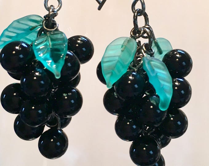 Wine Lover Gift, Vineyard Gift, Antique Black Glass Grape Cluster Earrings, choose Black, Pink, Cobalt Blue, Amethyst or Green