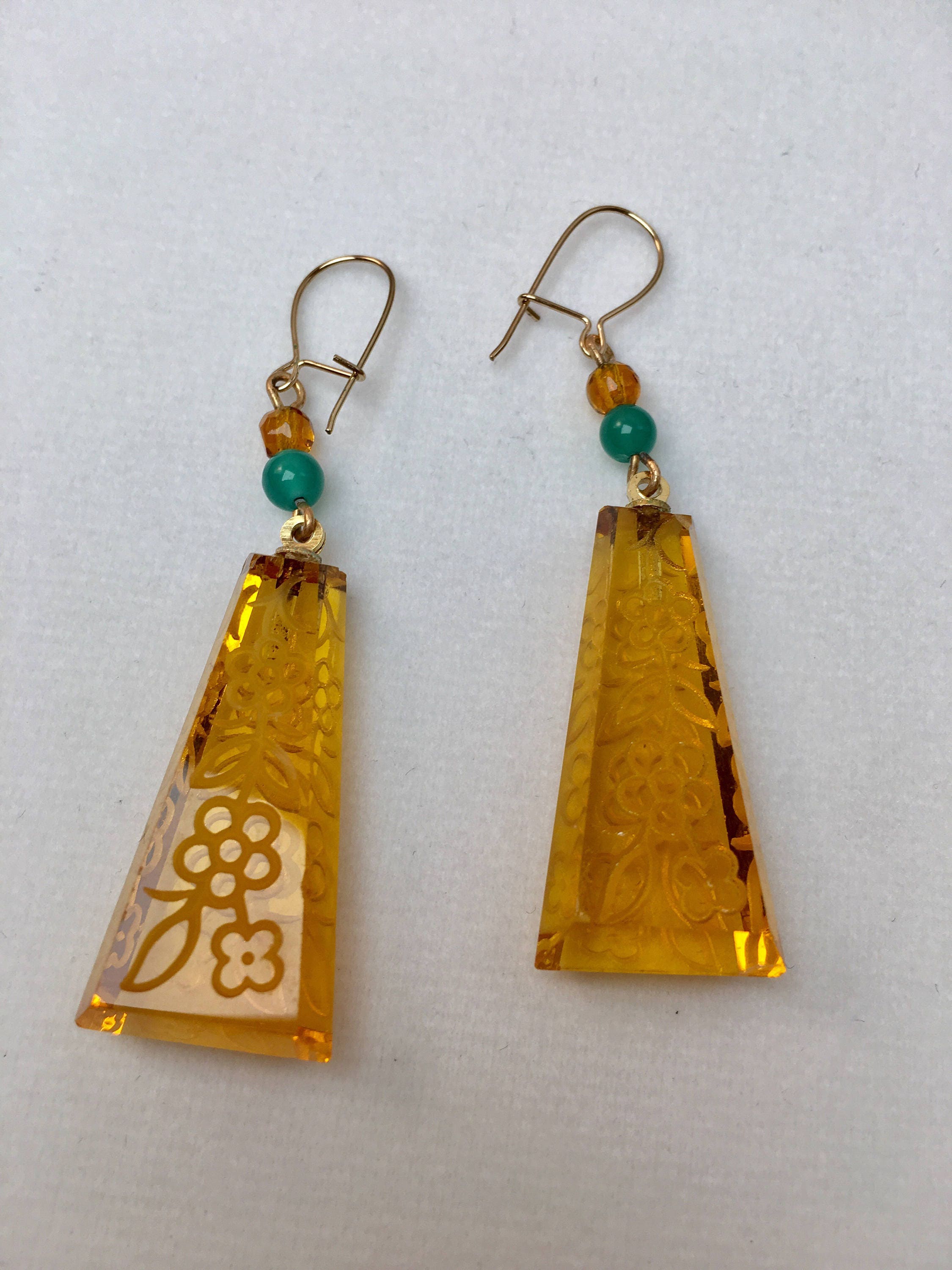 Vintage Czech Glass Earrings, Amber Earrings, 14K gold or Sterling