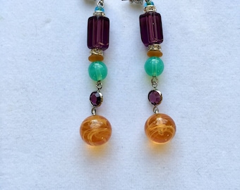 Vintage Czech Glass Earrings, Peacock, Purple, eal, Amber Czech Glass Earrings by Lucy Isaacs