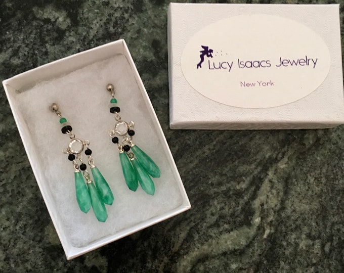 Vintage Czech Glass Earrings, Peking Green Glass Earrings, Green Chandelier Earrings,