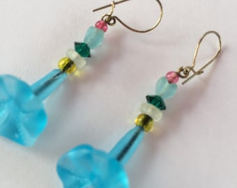 Vintage Czech Pressed Glass Earrings, Pink Earrings, Aqua Earrings, Cobalt Earrings, Czech Glass Earrings,  Flower Earrings by Lucy Isaacs