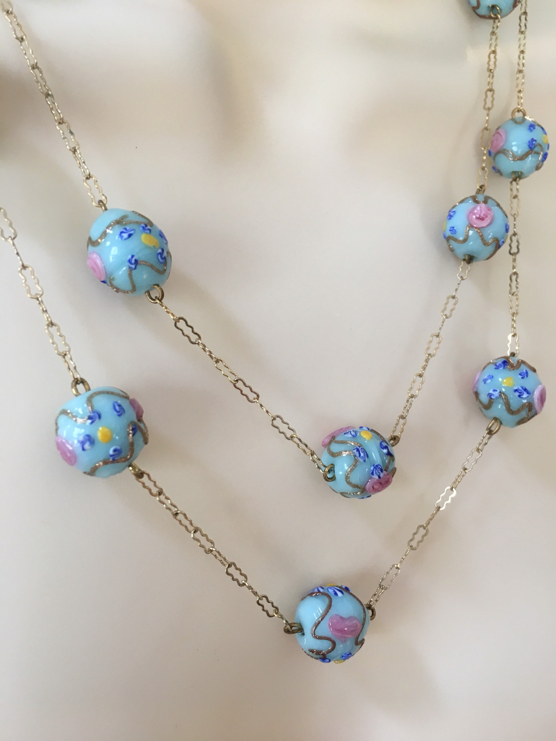 Vintage Italian Wedding Cake Bead Necklace Vintage Murano Glass Necklace Fiorato Bead Necklace Lamp Work Bead Necklace Blue Necklace By L