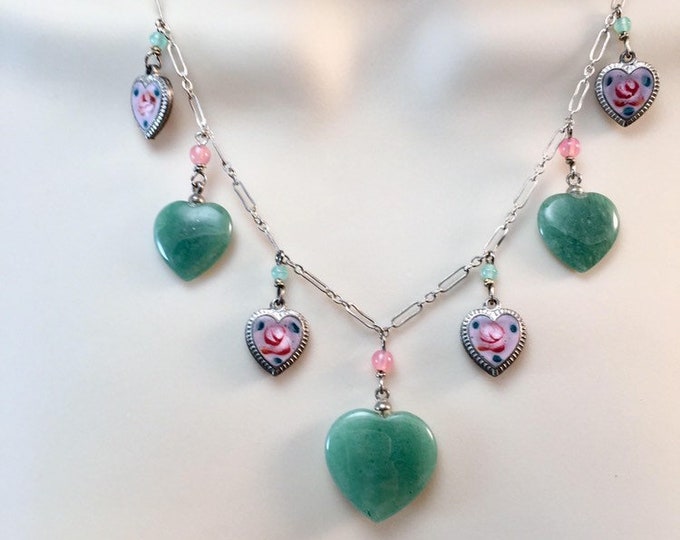 Aventurine Green Heart Necklace, Pink Enamel Heart Necklace, Vintage Enamel Heart Necklace, Love Necklace,