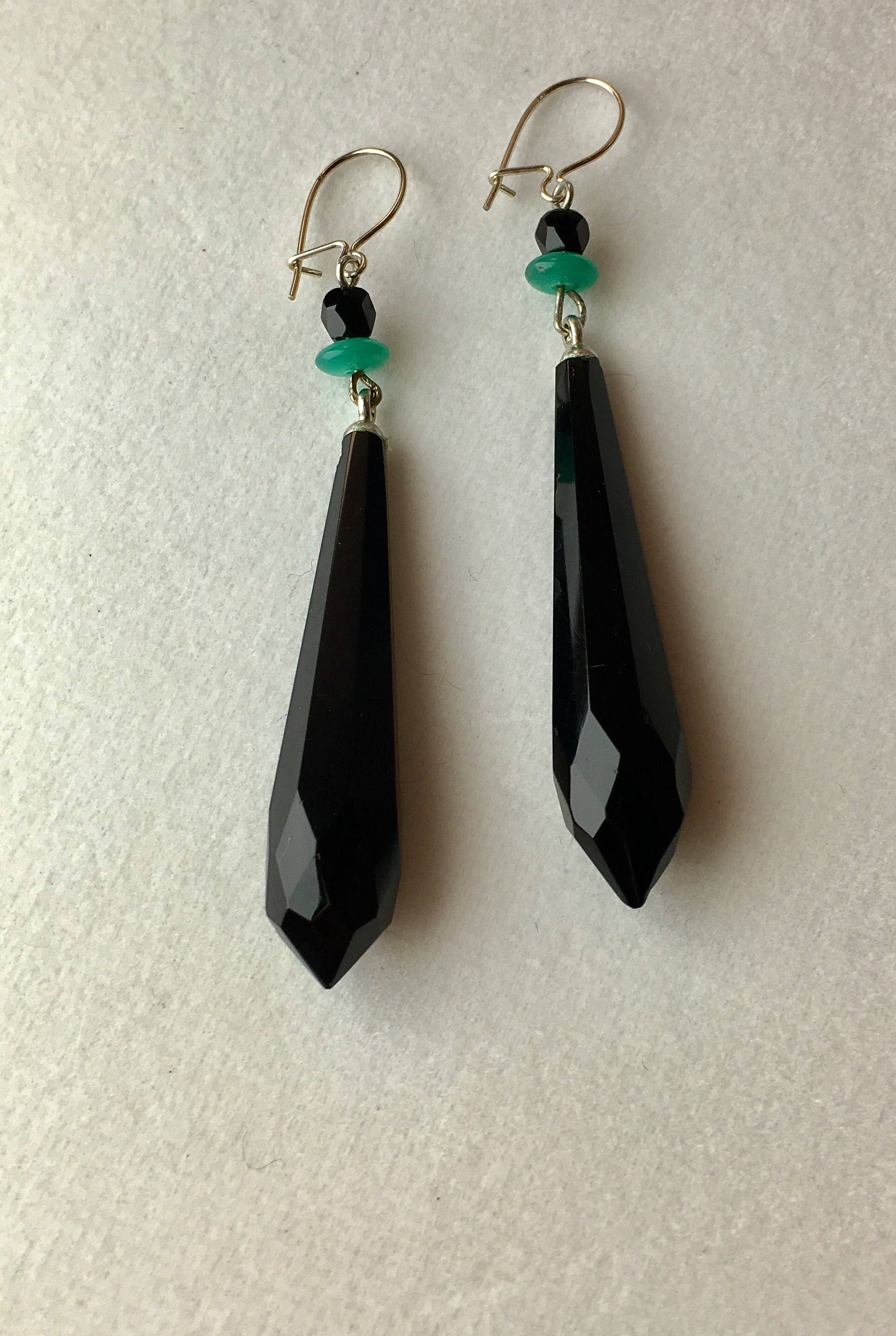 Vintage Czech Glass, .925 Solid Sterling Ear wires or 14K GF, Art Deco Earrings, Black Earrings by Lucy Isaacs