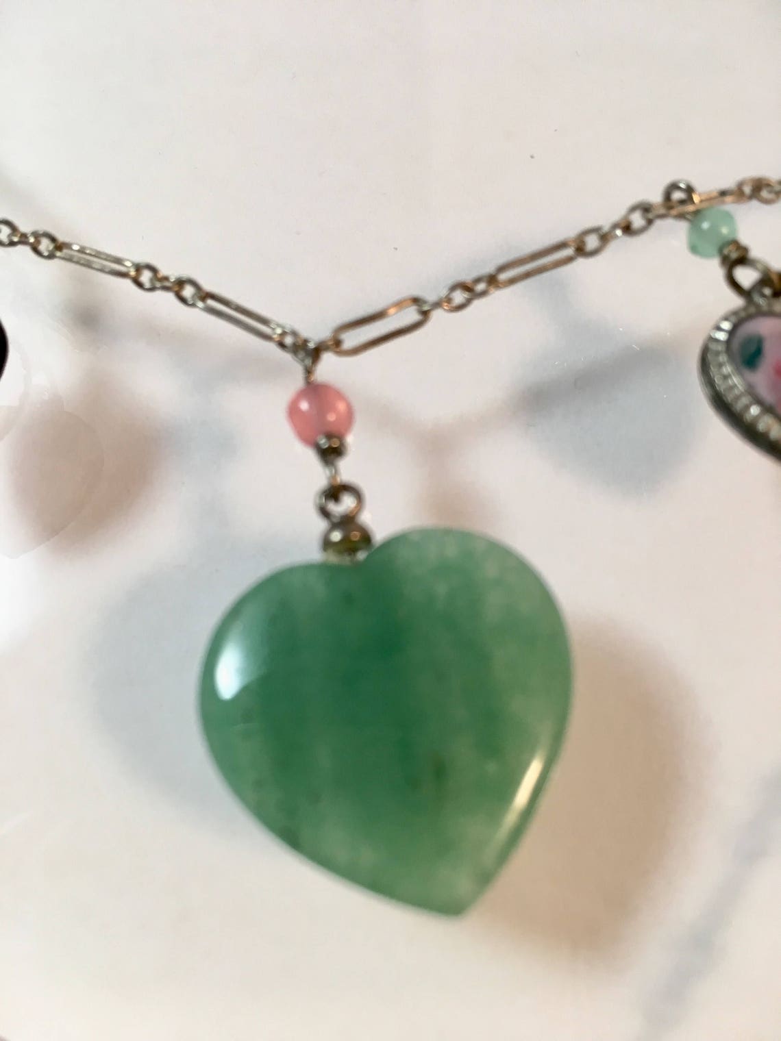 Aventurine Green Heart Necklace Pink Enamel Heart Necklace Etsy