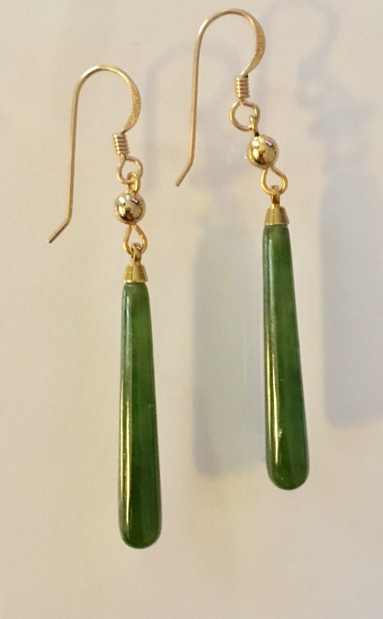 Genuine Jade Earrings, Long Jade Earrings, Elegant Jade and Gold Smooth