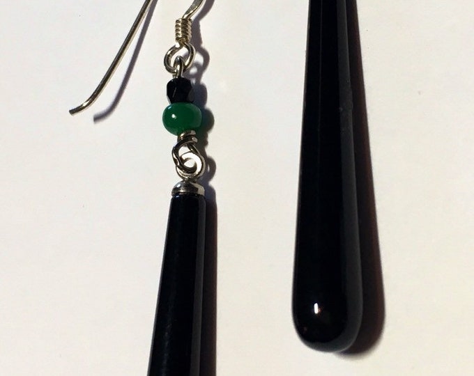 Onyx Earrings, Long Black Earrings, Elegant Onyx and Sterling Smooth Drop Earrings, Your Choice of Finish
