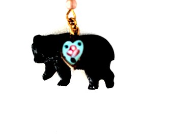 Collana vintage con orso in vetro ceco nero: ciondolo a forma di cuore in smalto