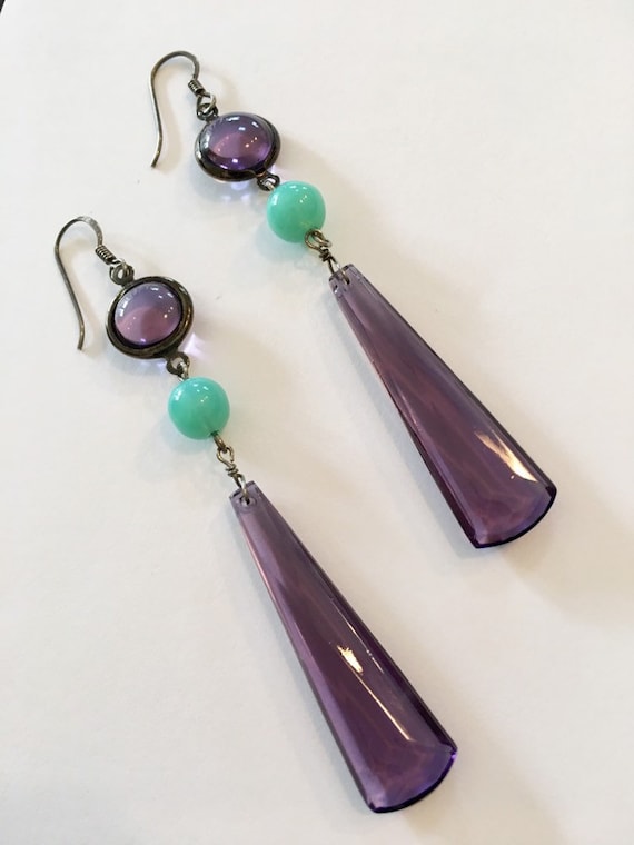 LONG Vintage Czech Glass Earrings, Purple Earrings