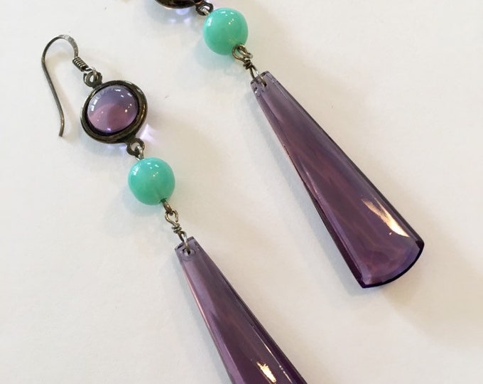 LONG Vintage Czech Glass Earrings, Purple Earrings, Amethyst Earrings, Purple Glass Earrings, Long Drop Earrings