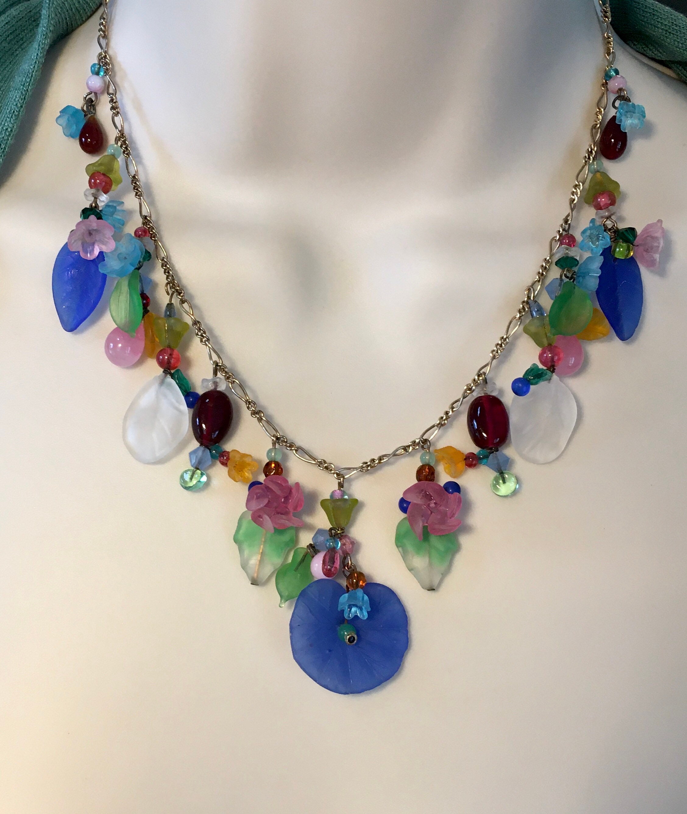 Antique Czech Glass Blue Lily Pad Necklace by Lucy Isaacs