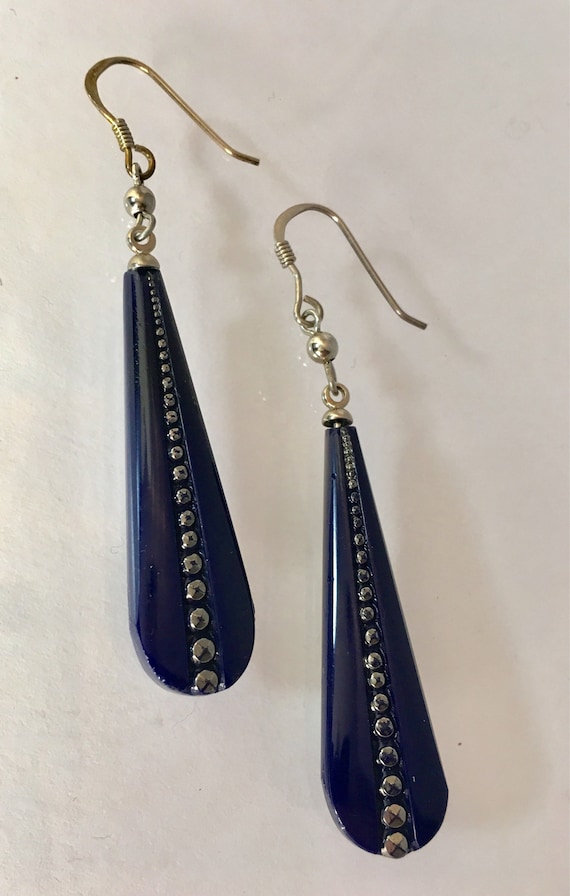 Vintage Art Deco Earrings, Cobalt Glass Earrings,… - image 1