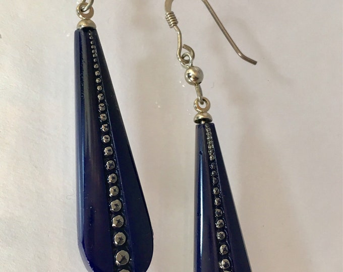 Vintage Art Deco Earrings,  Cobalt Glass Earrings, Cobalt and Sterling Earrings, Blue Earrings by Lucy Isaacs