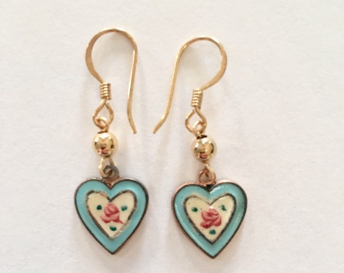 Vintage Turquoise Enamel Heart Earrings