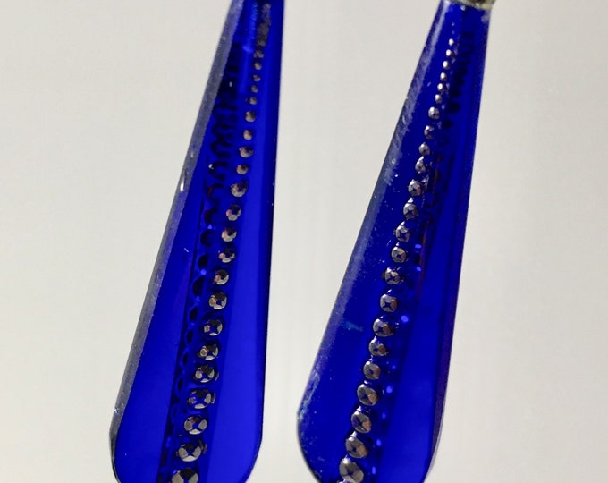 Vintage Art Deco Earrings, Deco Drop Earrings, Blue Earrings Cobalt Glass Earrings, Vintage Glass and Sterling Earrings by Lucy Isaacs