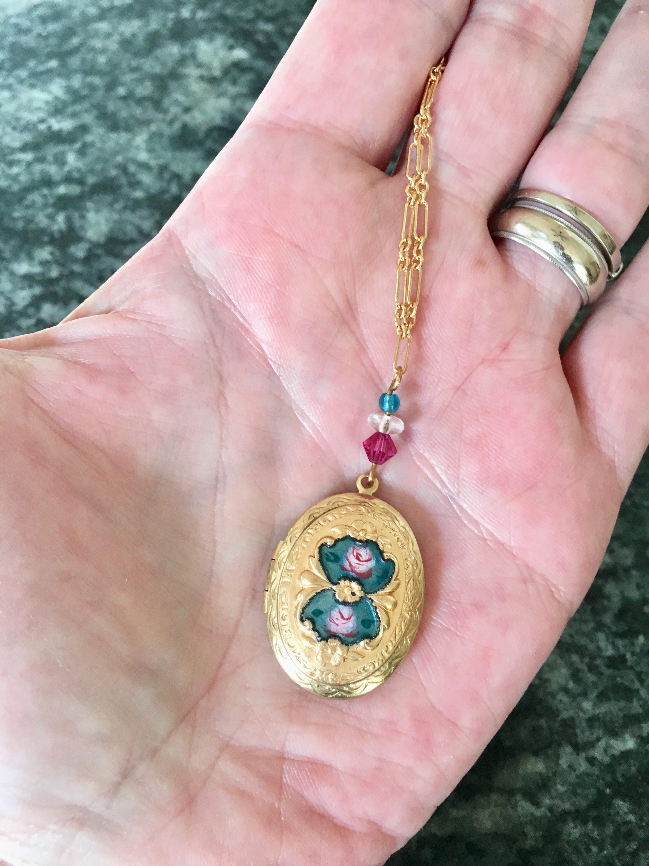 SALE! Vintage Enamel Locket, Gold and Enamel Locket, Teal Blue Enamel