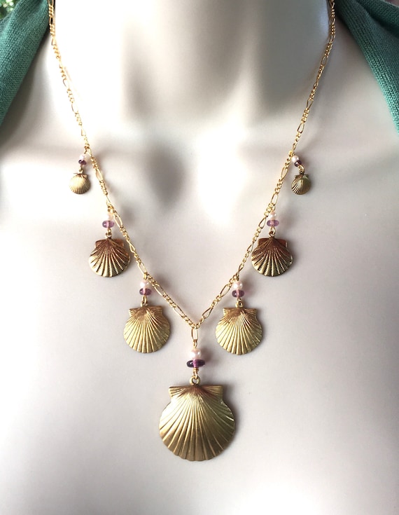 Gold Plated Seashell Necklace: Czech Glass & Faux Pearl, 18" Chain by Lucy Isaacs