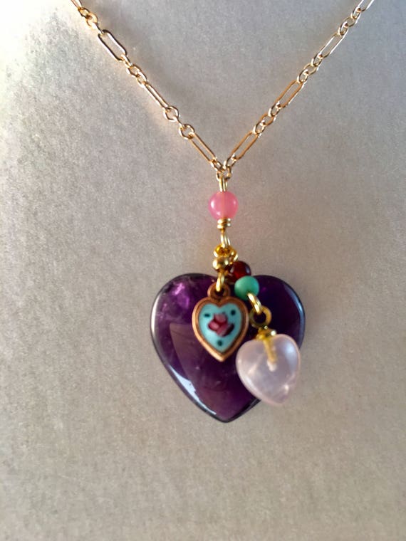 Amethyst Heart Necklace, Purple Heart, Vintage Ame