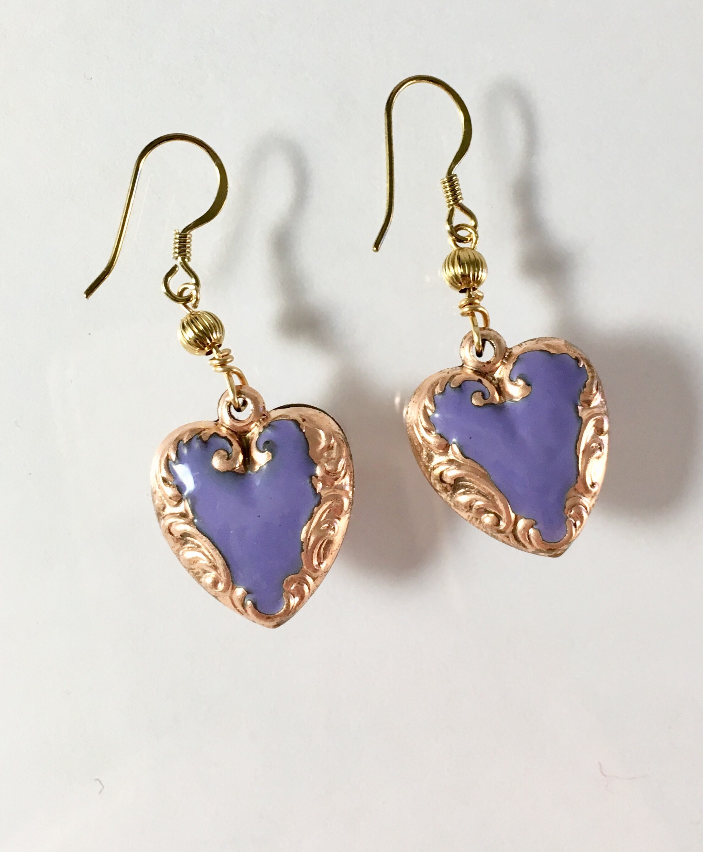 Sale! Vintage Enamel Heart Earrings, Puffy Heart Earrings, Lavender and Gold Heart Earrings by