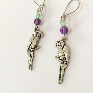 Vintage Sterling Parrot Earrings: Amethyst Aventurine Bird Jewelry