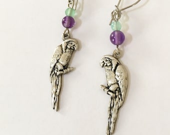 Vintage Parrot Earrings Sterling Parrot Earrings, Bird Earrings Macaw Earrings, Sterling Amethyst Lucy Isaacs