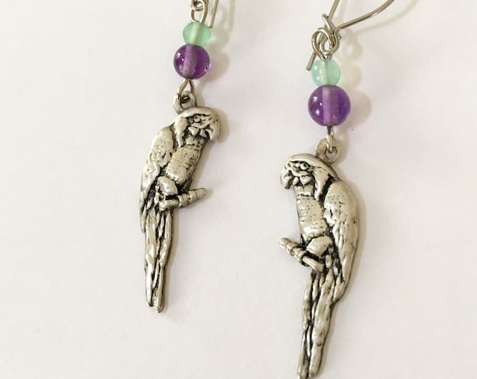 SALE! Vintage Parrot Earrings Sterling Parrot Earrings, Bird Earrings Macaw Earrings, Sterling Amethyst Lucy Isaacs