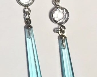 Orecchini vintage in vetro ceco color acquamarina: gocce di cristallo Swarovski in argento sterling