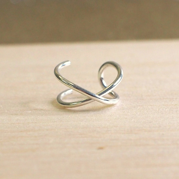 Sterling silver crossover ear cuff, double hoop ear cuff, slip on ear cuff, handmade silver loop cuff, clip on ear cuff, no piercing