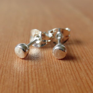 May include: A pair of silver stud earrings with a smooth, rounded design.