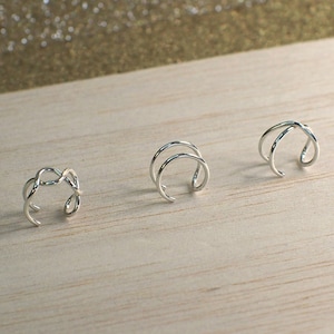 Set of three sterling silver ear cuffs, double hoop ear cuff, cross over ear cuff, slip on ear cuff, handmade silver loop ear cuff, clip on