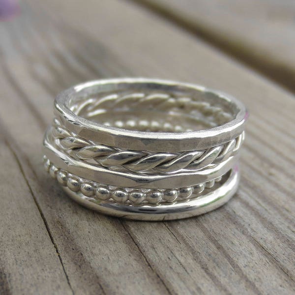 Set of Five Mixed Design Sterling Silver Stacking Rings, Handmade stacking set, beaded ring, twisted ring, hammered ring, stacker rings