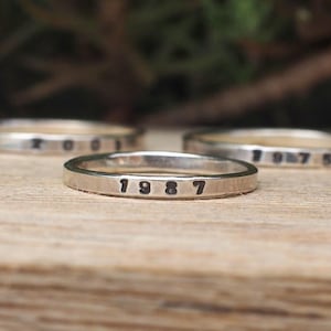 Sterling Silver Personalised Year Ring: Tiny Stamped Custom Number, UK Made 925