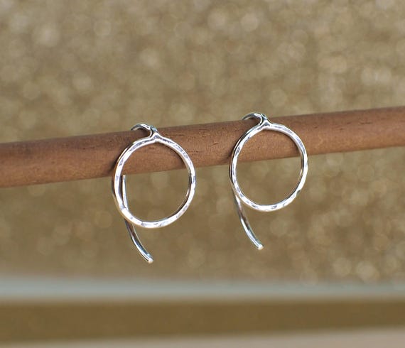 Hammered Sterling Silver Open Circle Threader Earrings: Minimalist Geometric Hoops in 925 Recycled Silver