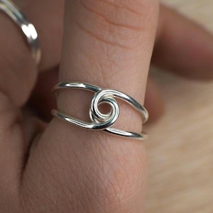 May include: A silver ring featuring a central spiral design. The ring has a double-band structure, with the spiral detail connecting the two bands. The ring is displayed on a finger, highlighting its simple and contemporary style.