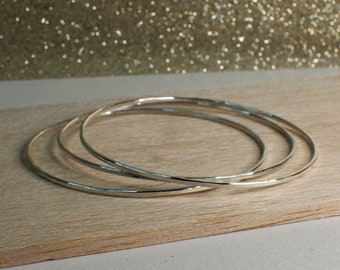 Hammered Sterling Silver Bangles Set of Three: Skinny Stacked