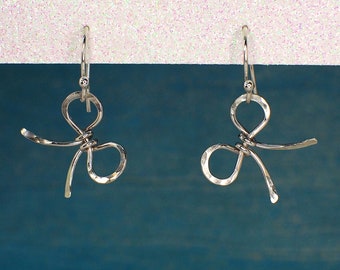 Sterling Silver Bow Drop Earrings, bow earrings, handmade silver earrings, bow dangle earrings, bow dropper, 925 silver, made in the UK