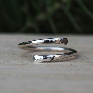 Hammered Sterling Silver Wrap Ring: Adjustable Crossover Bypass Design in solid 925 silver.