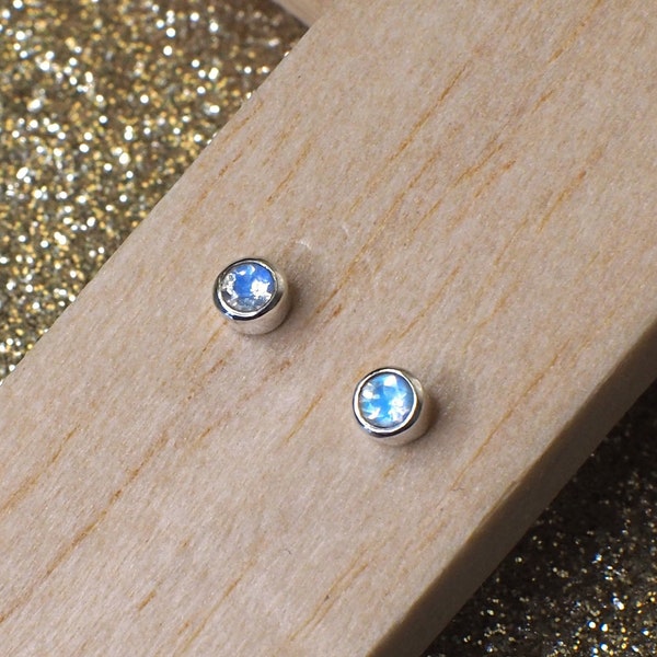 Sterling silver natural moonstone 3mm stud earrings, tiny stud earring, bezel studs, stone set studs,   moonstone earrings, gemstone studs